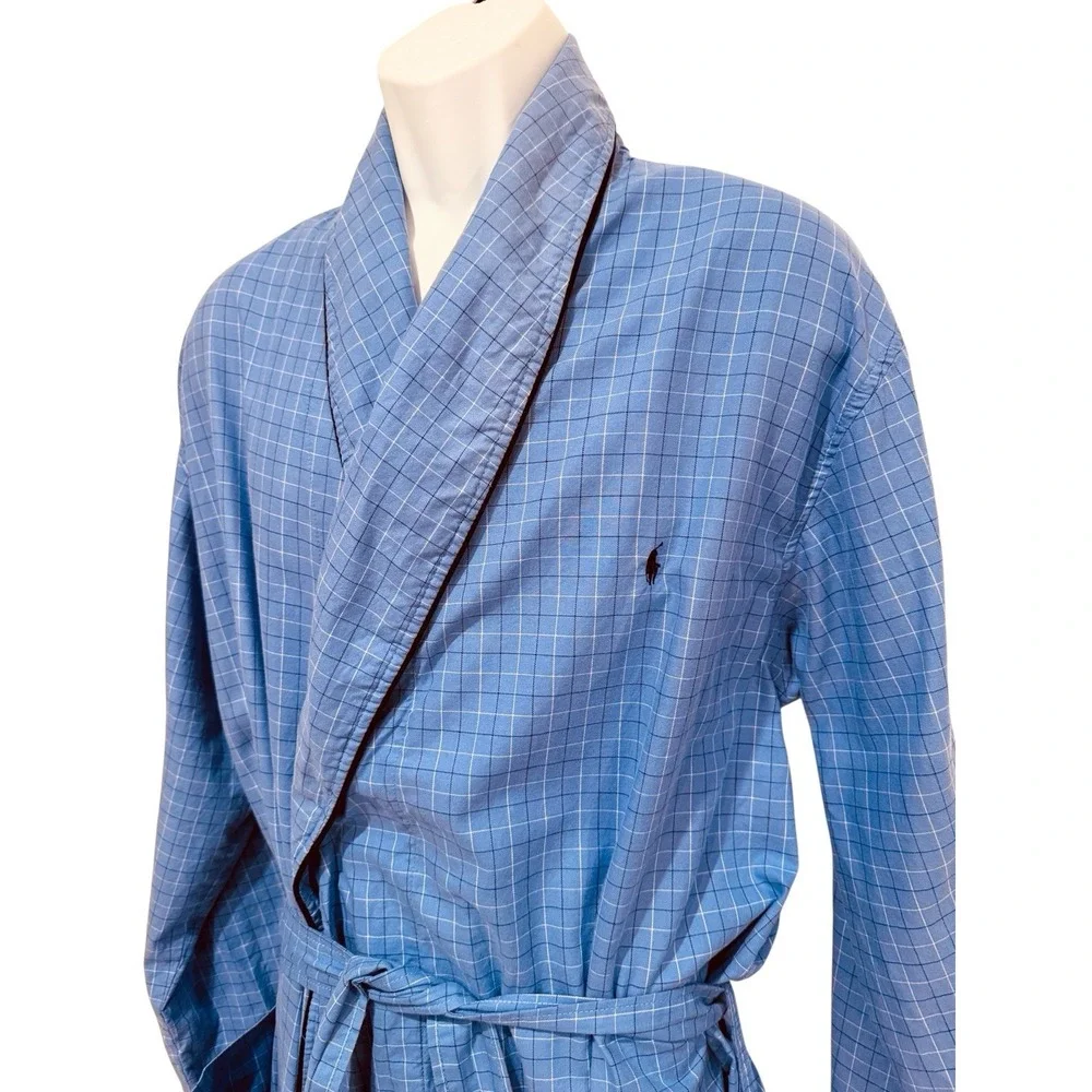 Vintage Polo Ralph Lauren Men Robe S M Blue Check‎ Piping Shawl Tie Cotton
